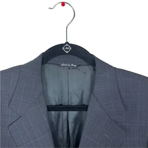 Barneys New York Grid Print Wool Notch Collar 2 Button Blazer Gray Blue 40 S